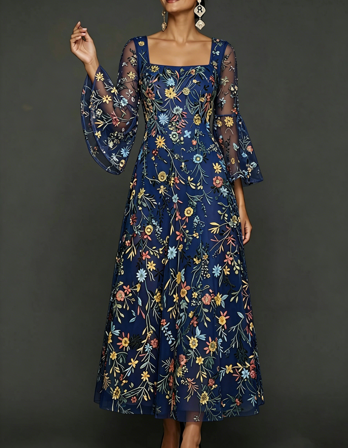 Chiffon maxi dress with lace embroidery, square neckline, and tailored waist