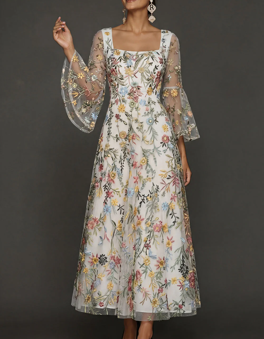 Chiffon maxi dress with lace embroidery, square neckline, and tailored waist