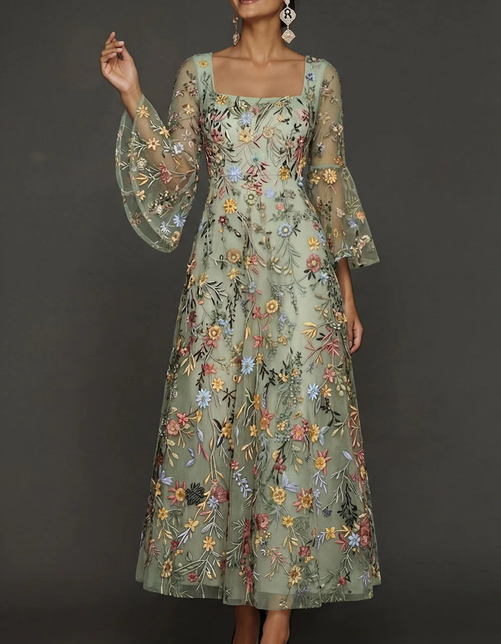 Chiffon maxi dress with lace embroidery, square neckline, and tailored waist
