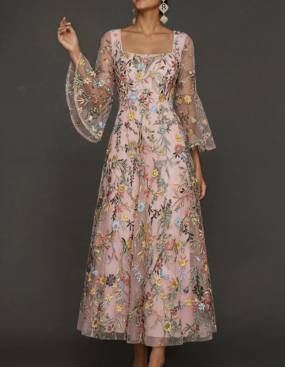 Chiffon maxi dress with lace embroidery, square neckline, and tailored waist