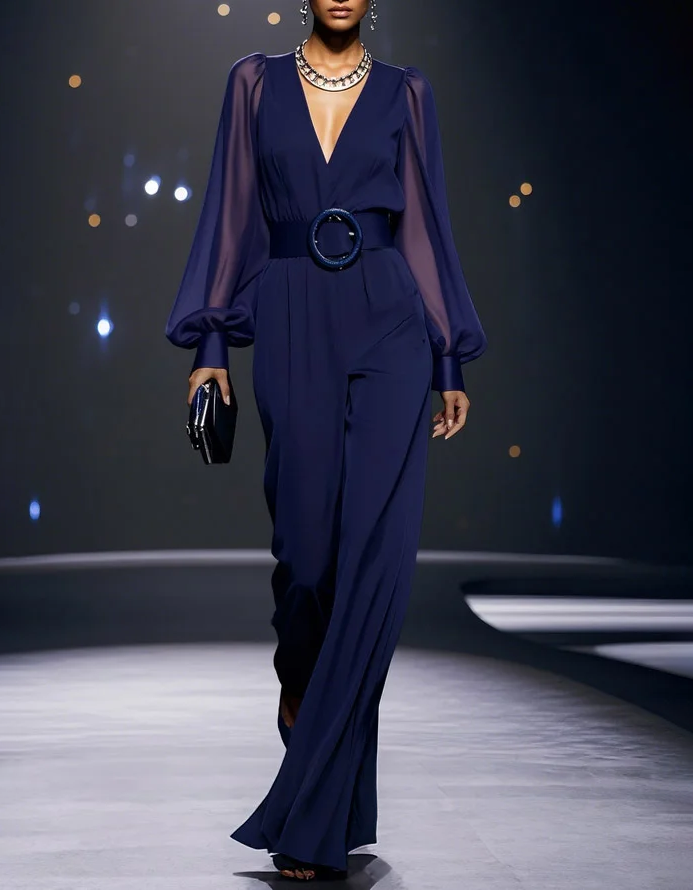 V-neck sheer chiffon bubble sleeve wide leg formal jumpsuit