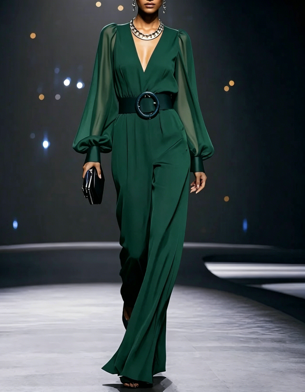 V-neck sheer chiffon bubble sleeve wide leg formal jumpsuit