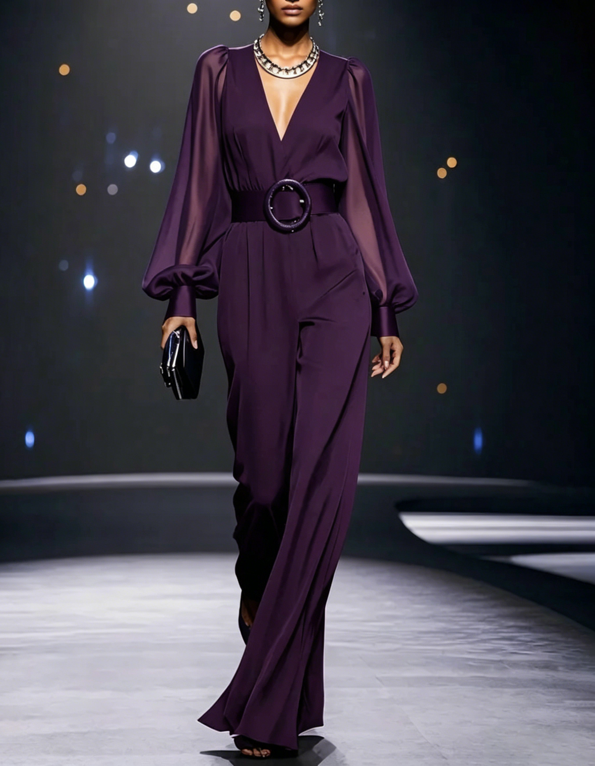 V-neck sheer chiffon bubble sleeve wide leg formal jumpsuit