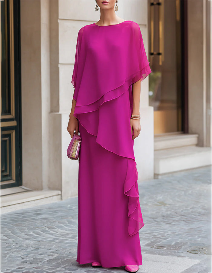 Fuchsia maxi dress made of flowing chiffon with a round neckline, side ruffles, and A-line