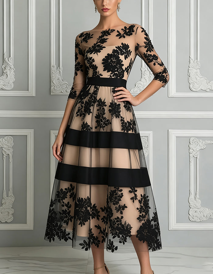Black midi dress with floral lace, three-quarter sleeves, belt, and nude lining in A-line
