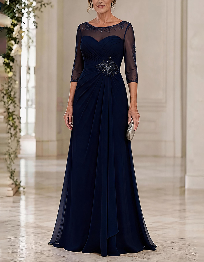 Maxi dress made of chiffon in dusty blue with a round neck, 3/4 sleeves, and crossed pleated details, featuring an illusion effect