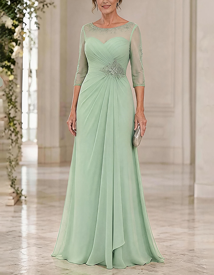 Maxi dress made of chiffon in dusty blue with a round neck, 3/4 sleeves, and crossed pleated details, featuring an illusion effect