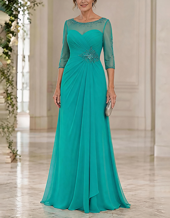Maxi dress made of chiffon in dusty blue with a round neck, 3/4 sleeves, and crossed pleated details, featuring an illusion effect