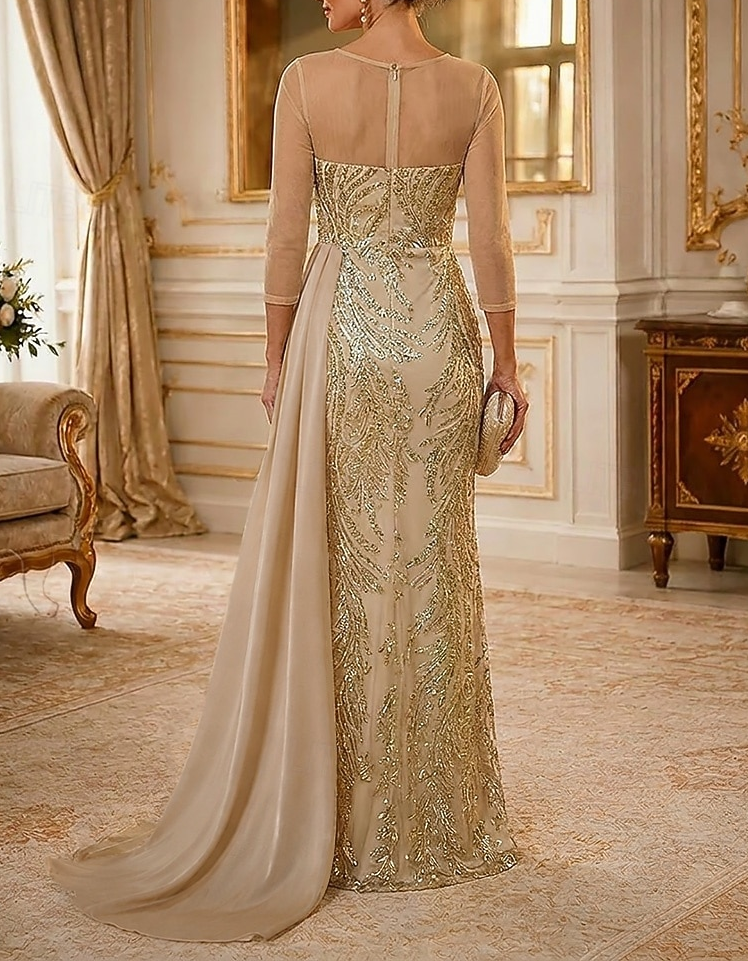 Maxi dress made of chiffon with round neckline, mesh, sequins, and embroidery
