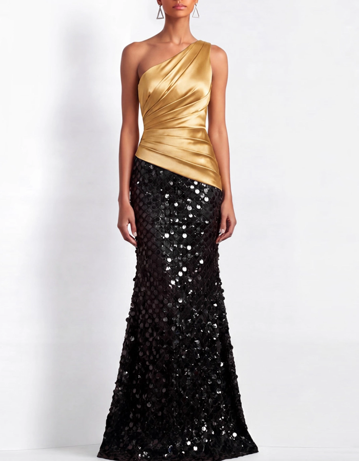 Maxi dress with one shoulder, draped satin and sequins