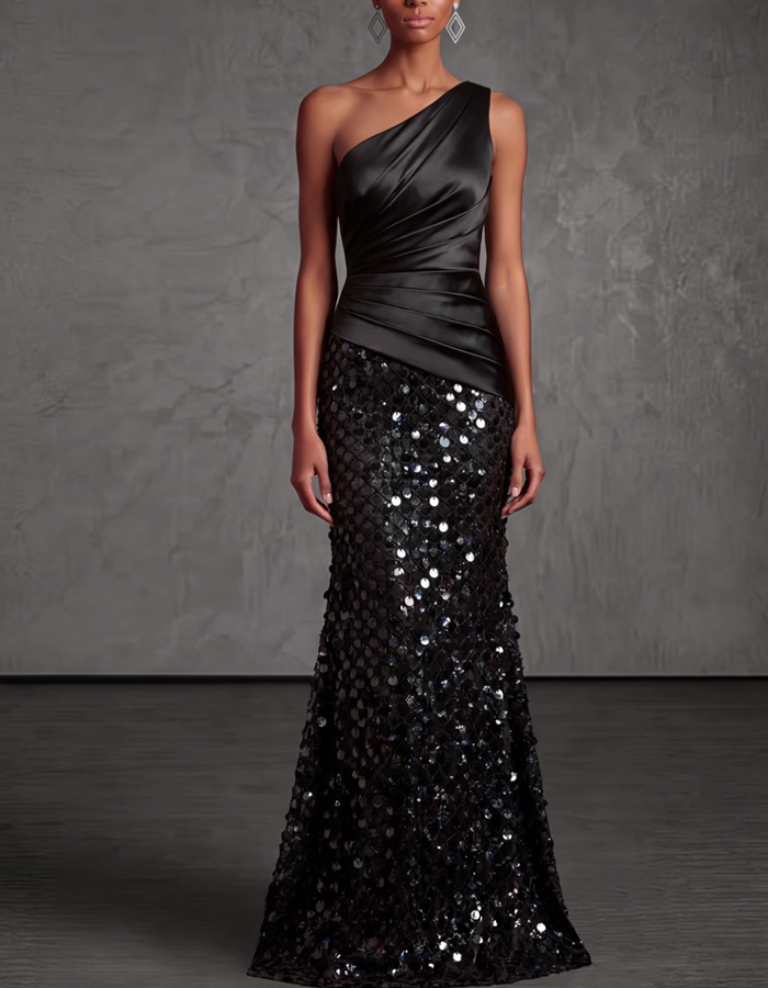 Maxi dress with one shoulder, draped satin and sequins