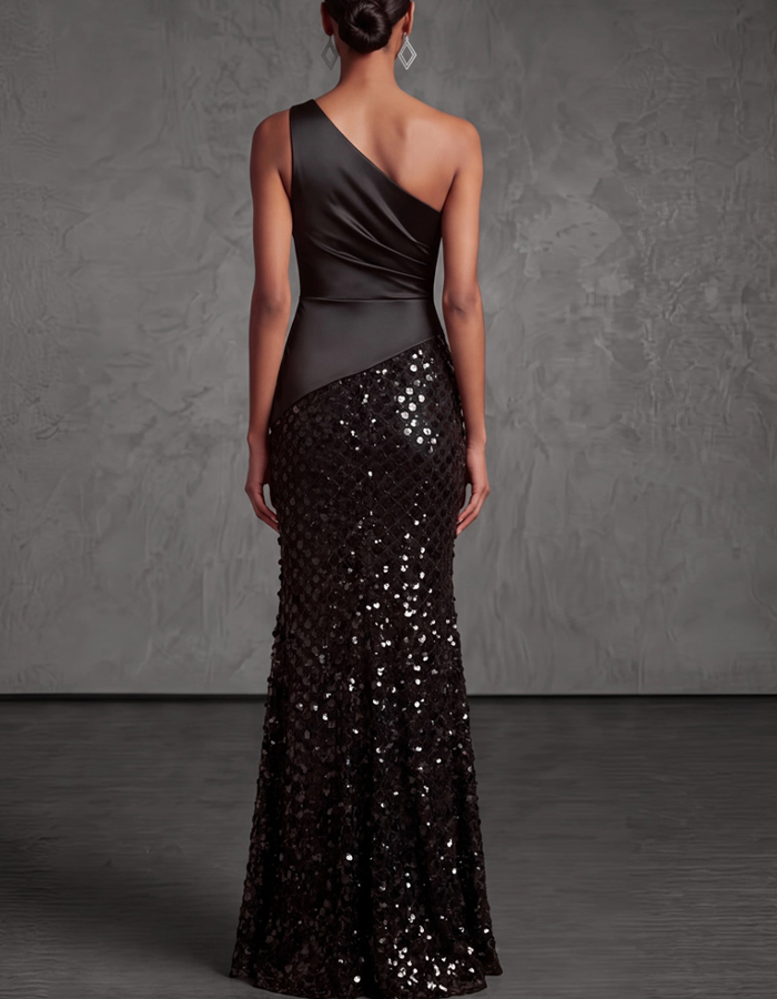 Maxi dress with one shoulder, draped satin and sequins