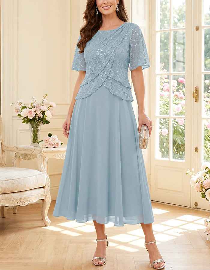Midi dress made of flowing chiffon with round neck, lace, and sequins