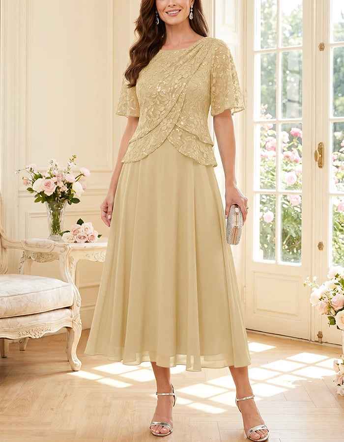 Midi dress made of flowing chiffon with round neck, lace, and sequins
