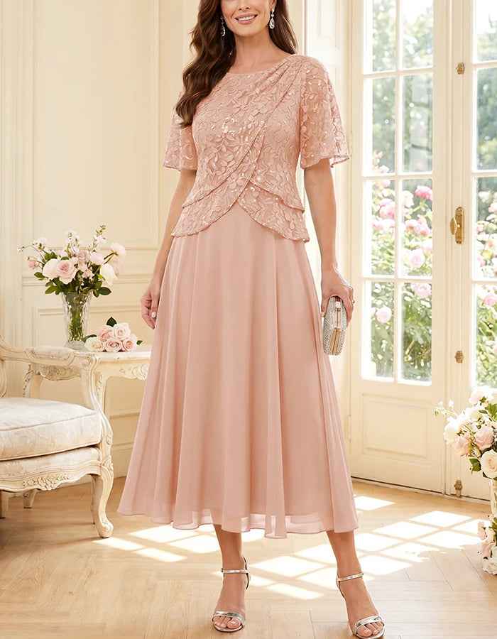 Midi dress made of flowing chiffon with round neck, lace, and sequins
