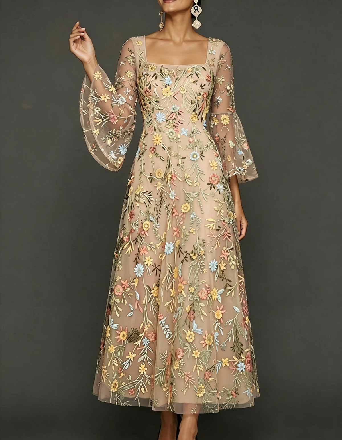 Chiffon maxi dress with lace embroidery, square neckline, and tailored waist