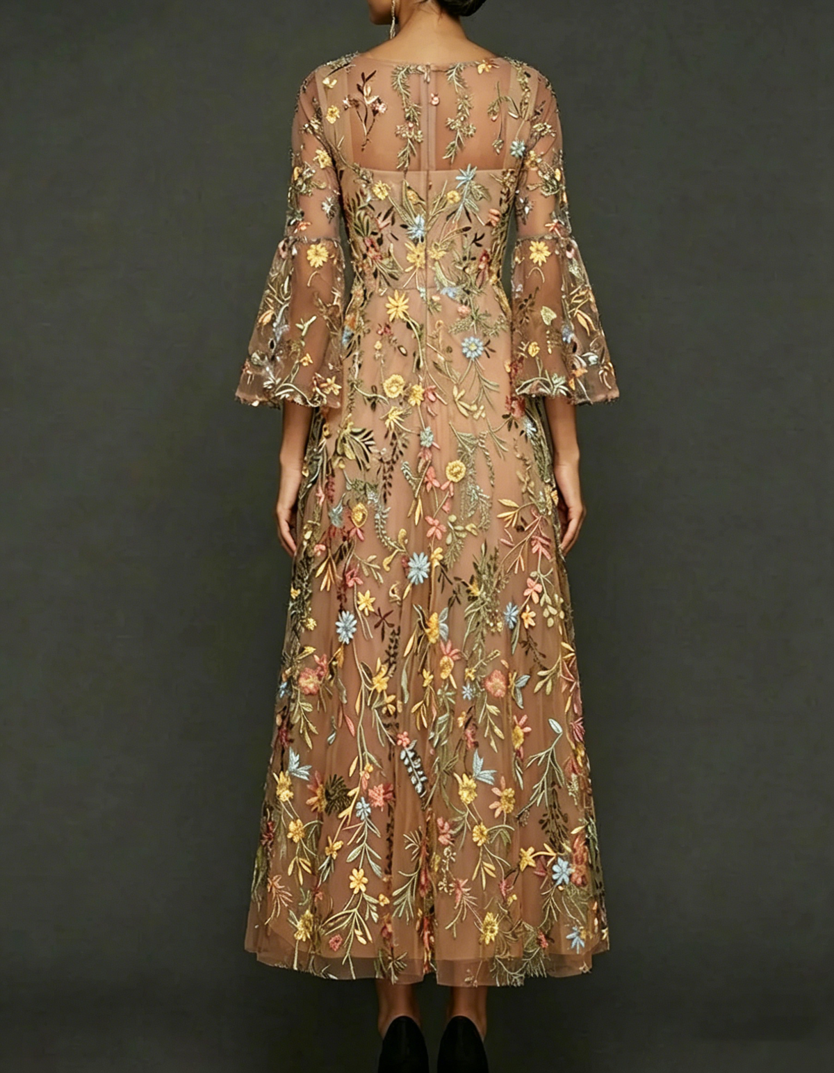 Chiffon maxi dress with lace embroidery, square neckline, and tailored waist