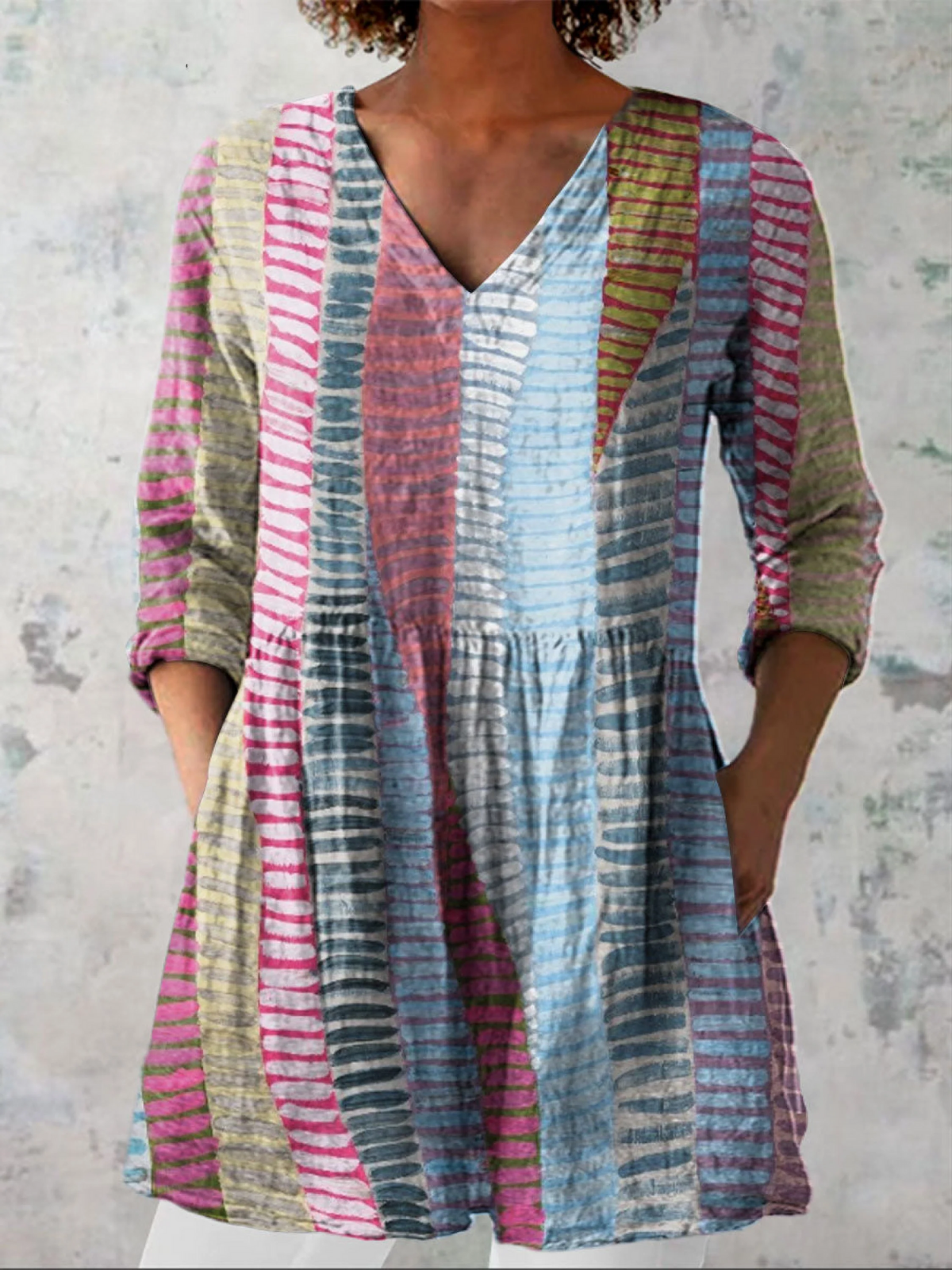 Danica | Patchwork Print V-Neck Longline Blouse
