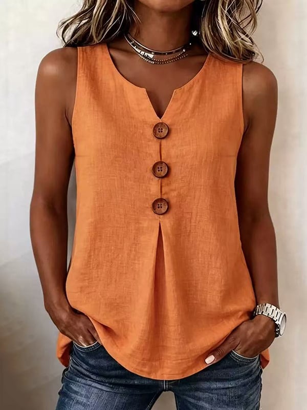 Elodie three-button V-neck sleeveless tank top, front view