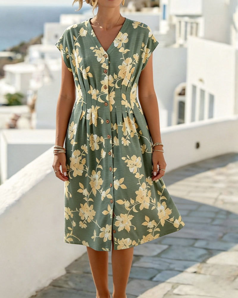 V-Neck Printed Dress Fitted Waist Button Front