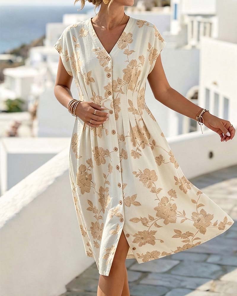 V-Neck Printed Dress Fitted Waist Button Front