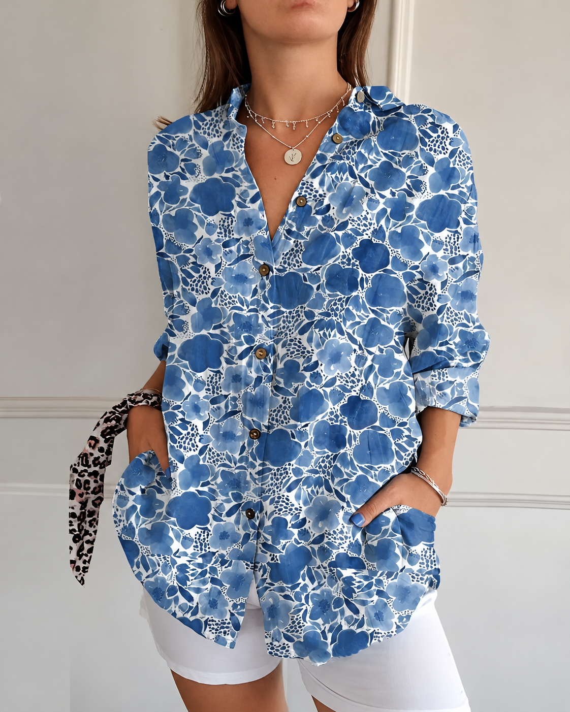 Julie - Shirt Blouse with Floral Branches and Front Pockets