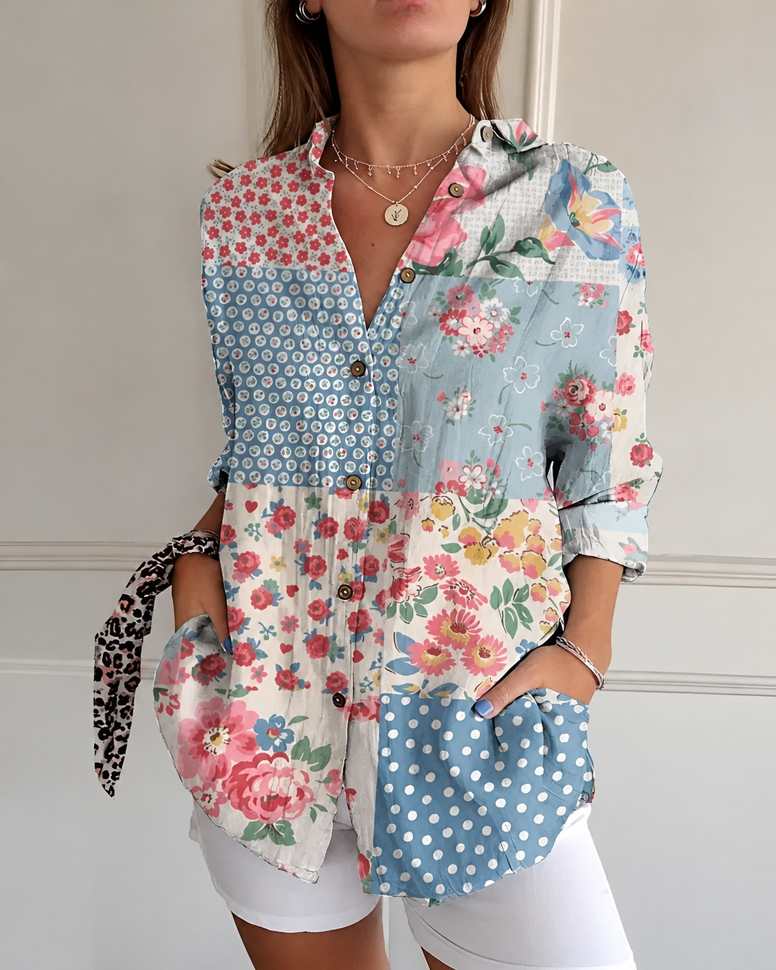 Julie - Shirt Blouse with Floral Branches and Front Pockets