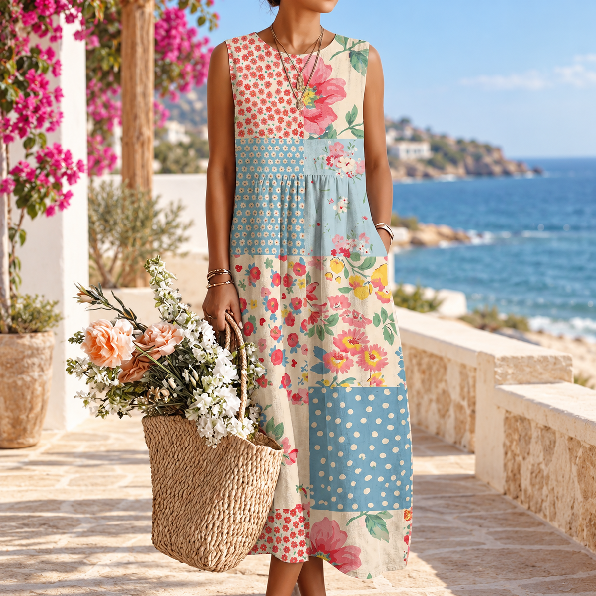 Amelia - Floral Patchwork Sleeveless Midi Dress