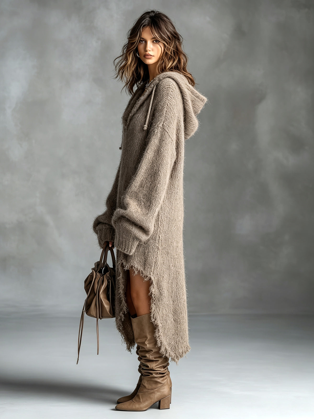 Mathilde knit midi dress, hood worn up