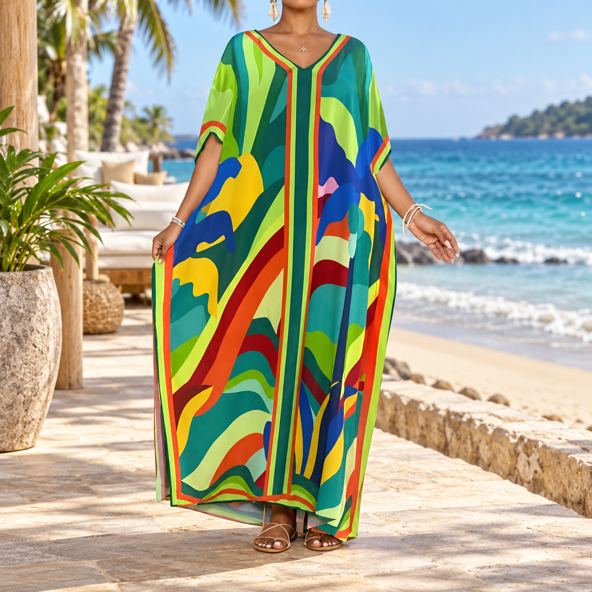 Loose-fit printed beach cover-up maxi dress