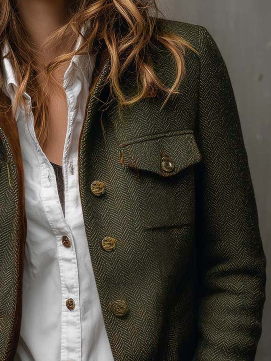 Honorine olive blazer, worn open over a shirt