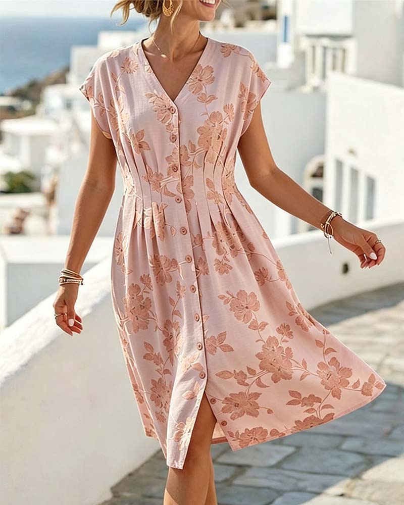 V-Neck Printed Dress Fitted Waist Button Front