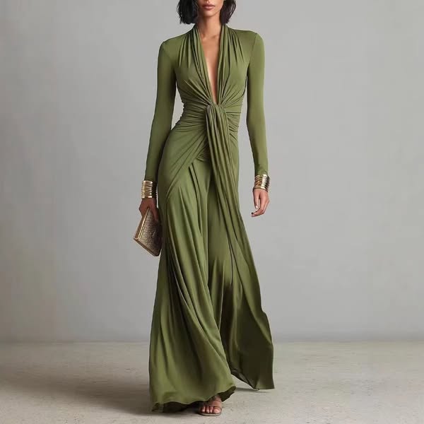 Olive Green Deep V-neck Pleated Glamorous Maxi Dress