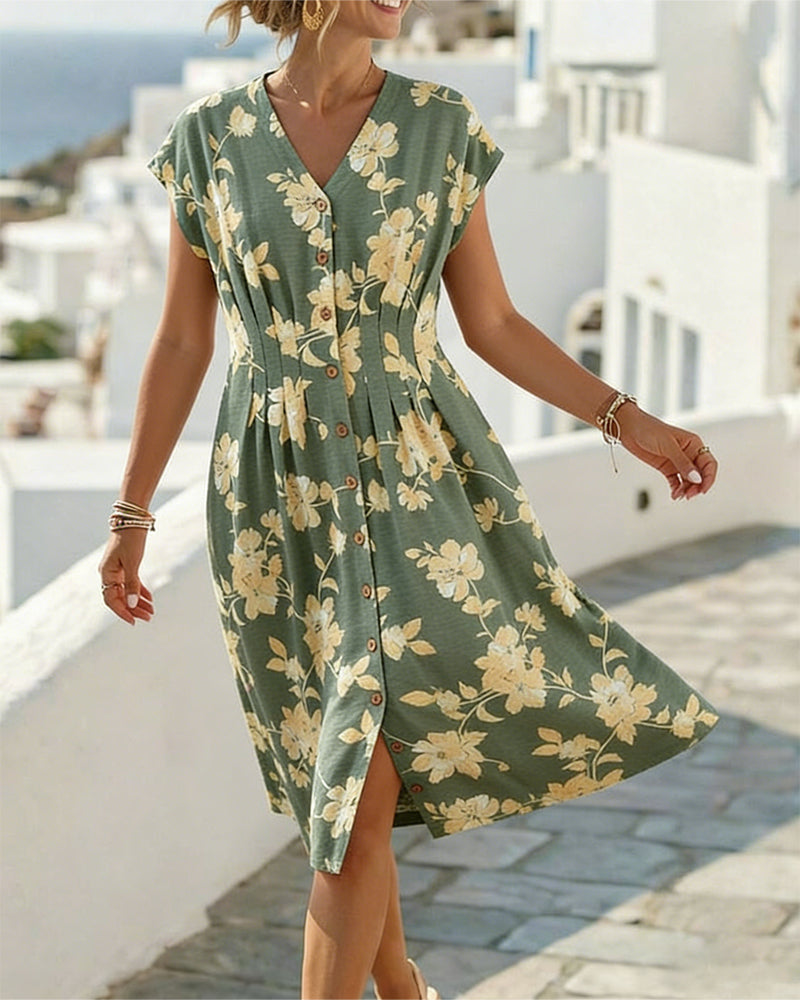 V-Neck Printed Dress Fitted Waist Button Front