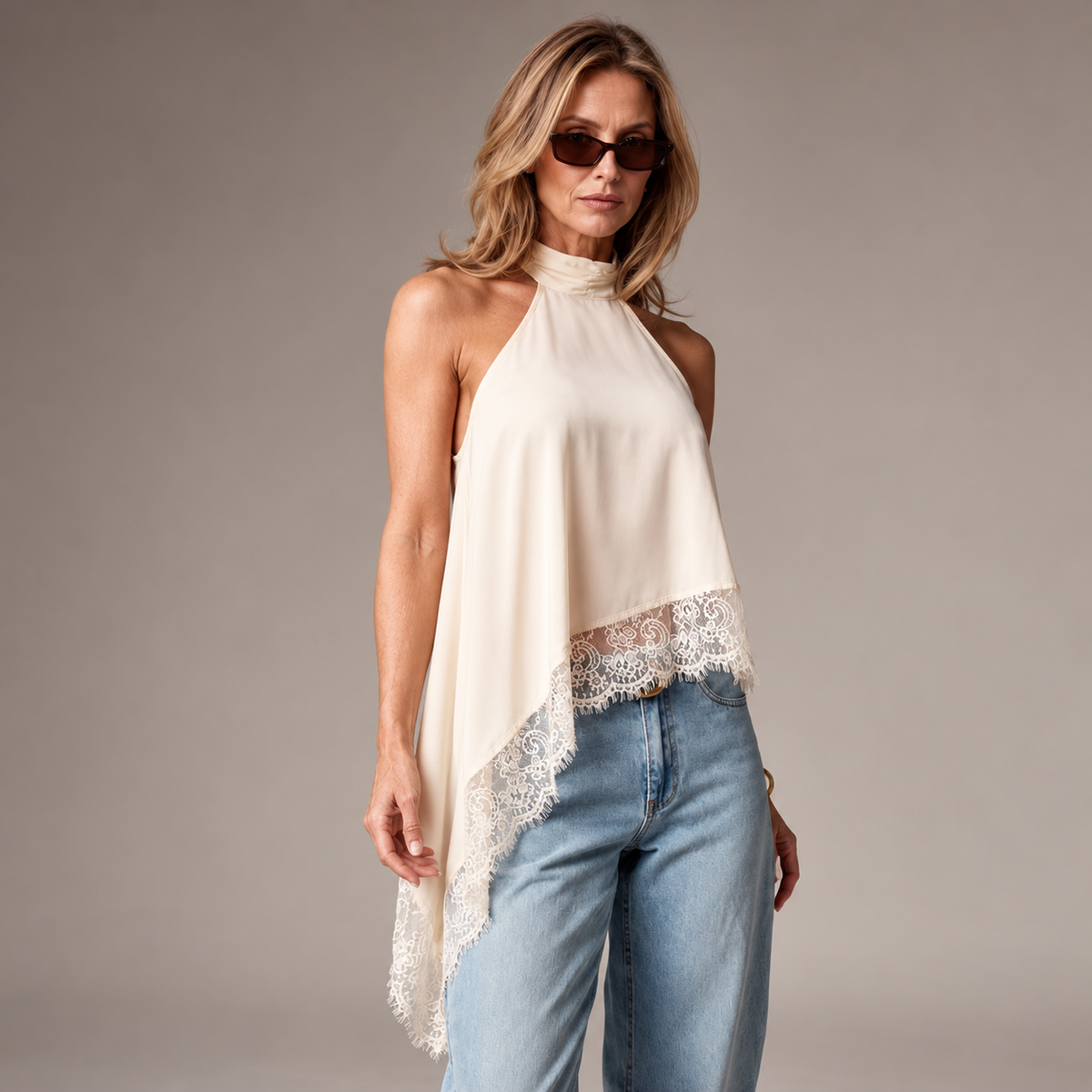 Satin Halter Asymmetrical Lace Hem Cami Top