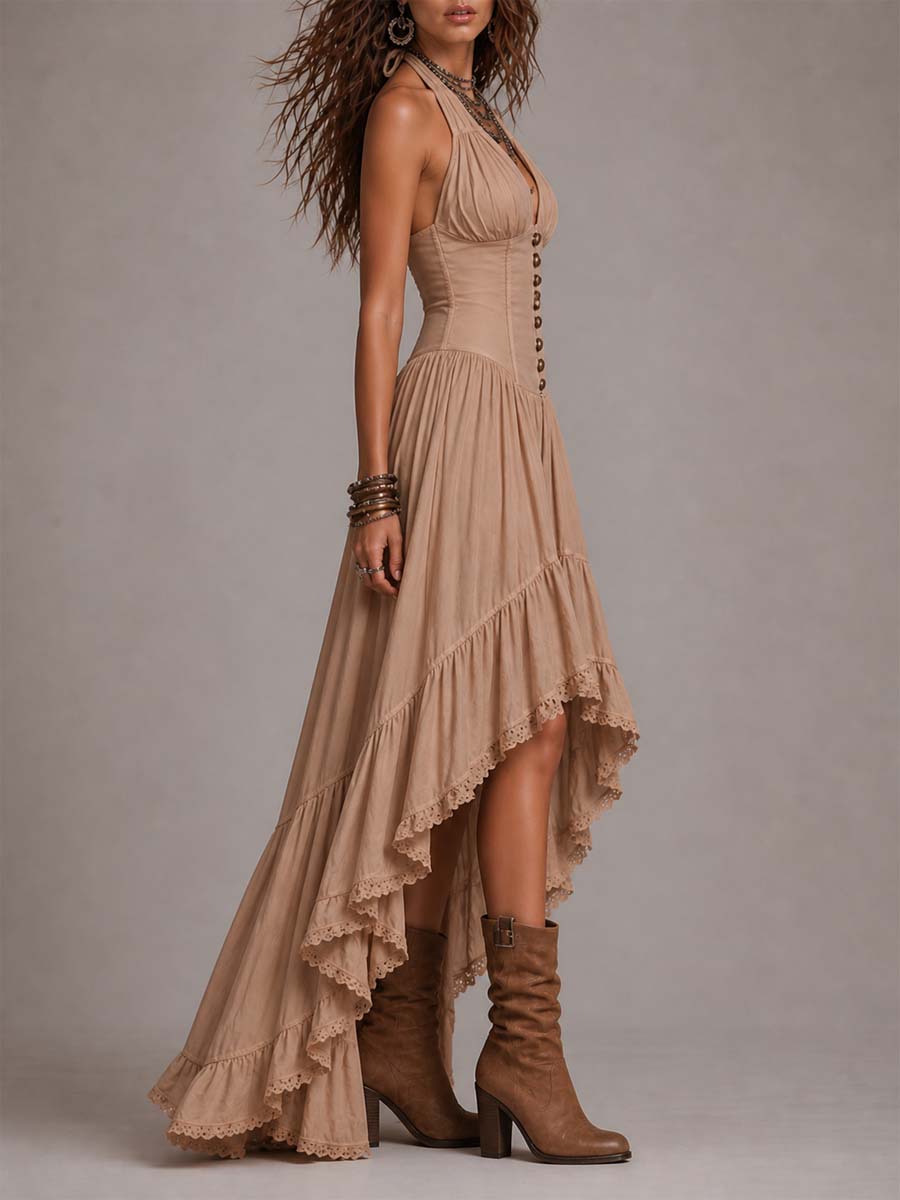 Nova | Bohemian Cotton Halter Corset Tiered Maxi Dress