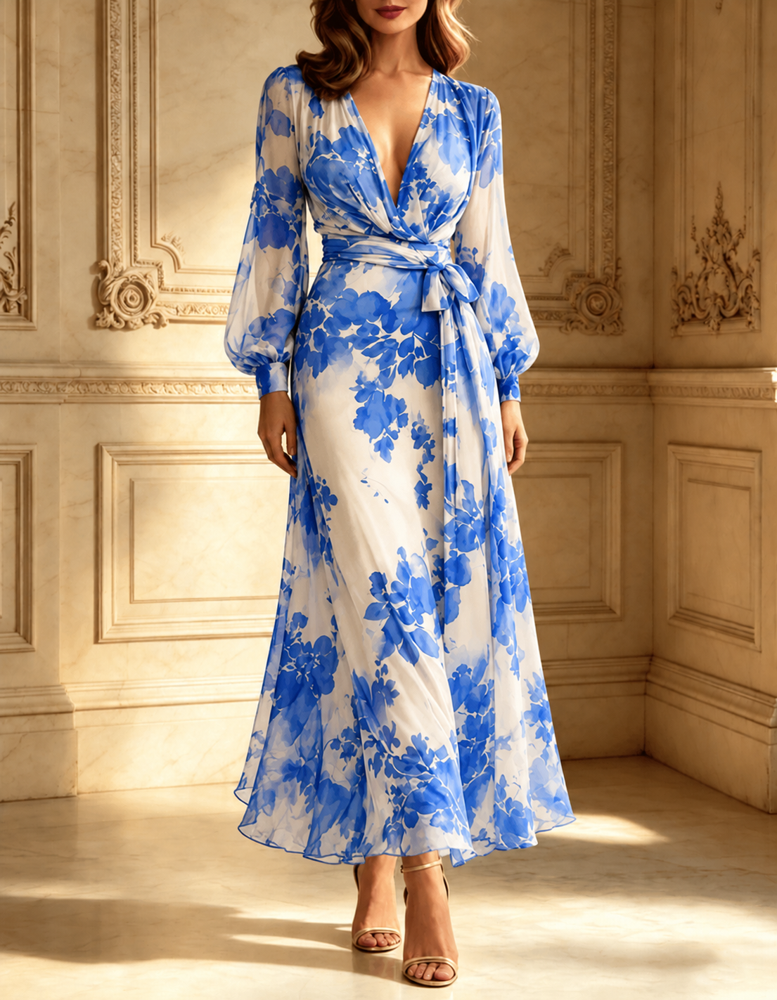 Rose Red Floral V-neck Belted Maxi Dress