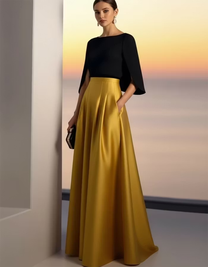 Black and Gold Satin Maxi Dress with Boat Neckline