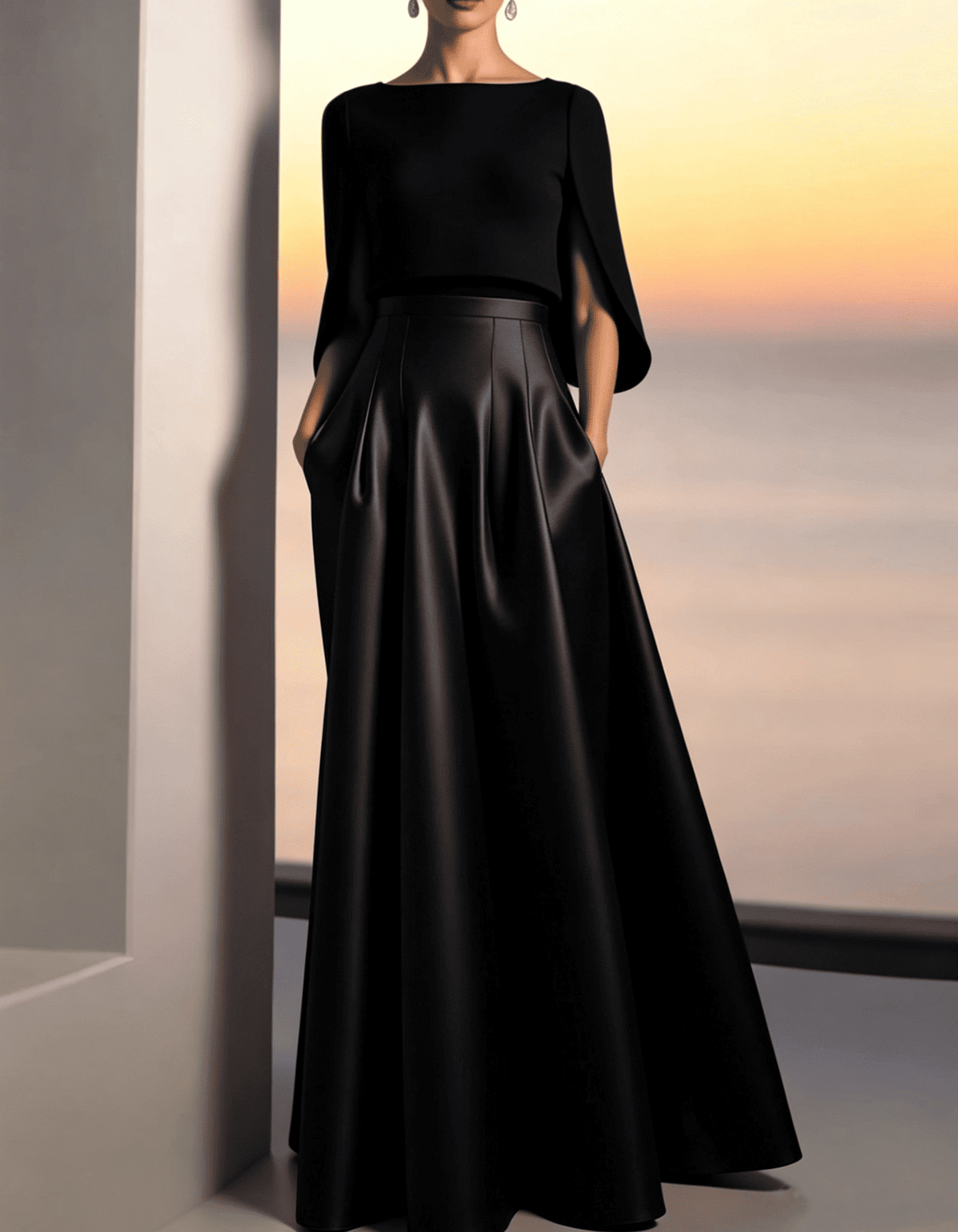 Black and Gold Satin Maxi Dress with Boat Neckline