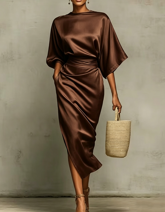 Multicolored satin midi dress with draping