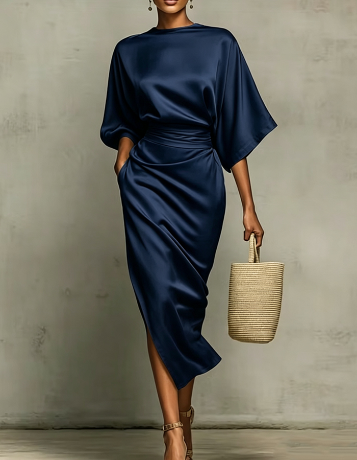 Multicolored satin midi dress with draping