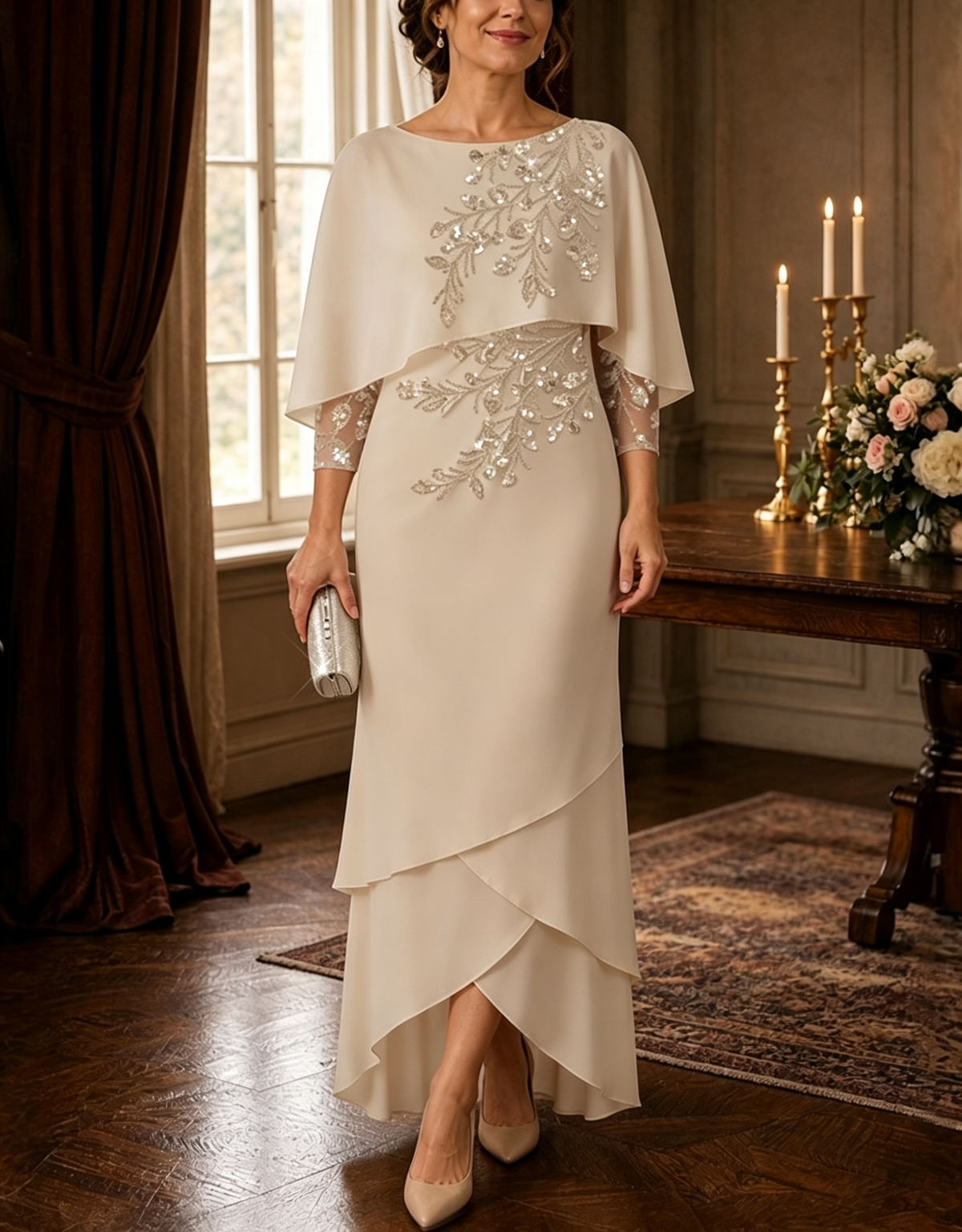 Maxi dress made of layered chiffon with sequins, cape sleeves, and an asymmetrical hemline