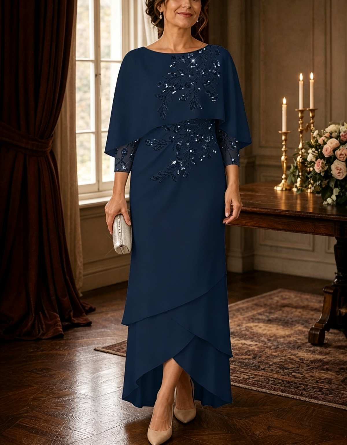 Maxi dress made of layered chiffon with sequins, cape sleeves, and an asymmetrical hemline