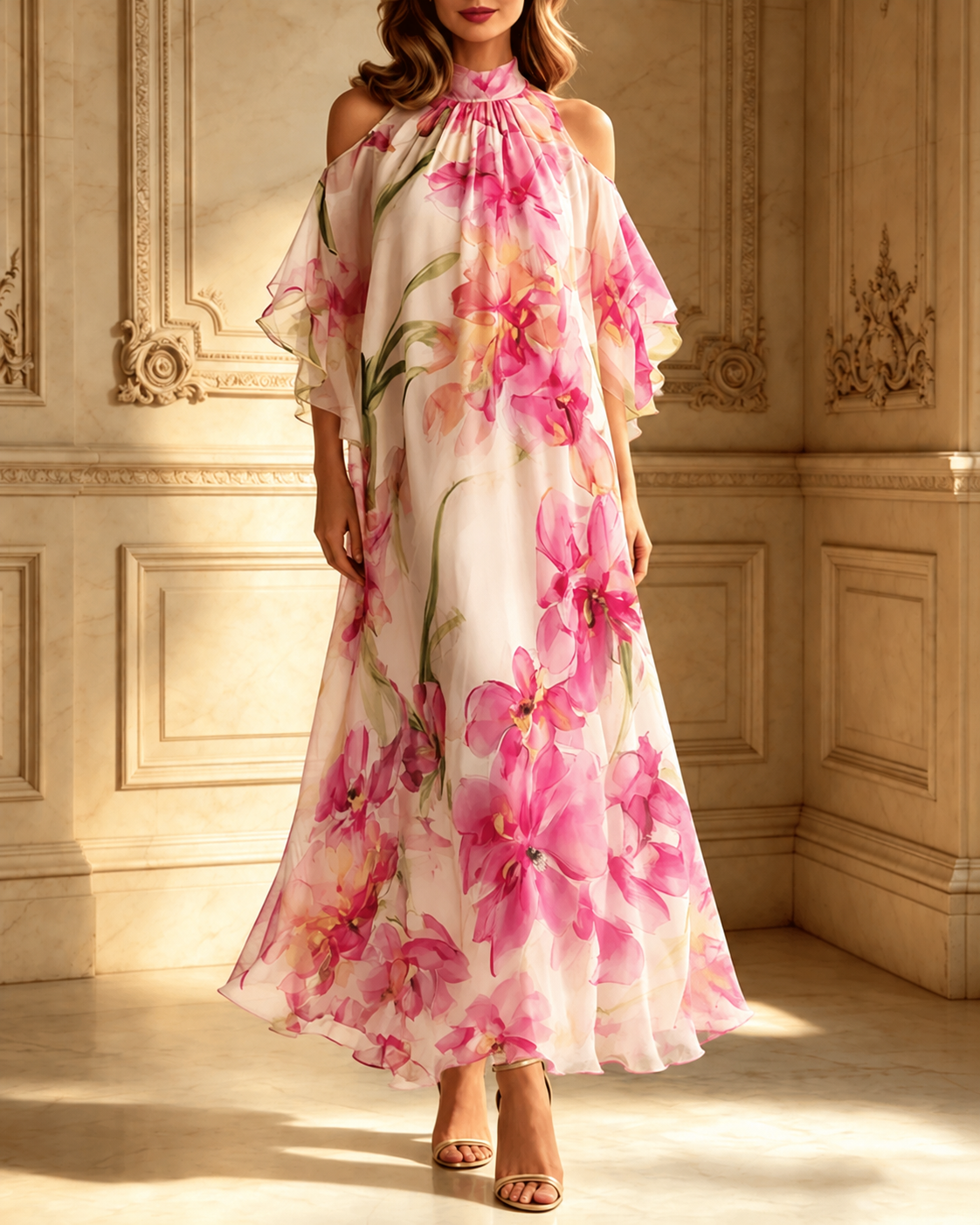 Rose Pink Chiffon Floral Print Halter Neck & Off-Shoulder Maxi Dress