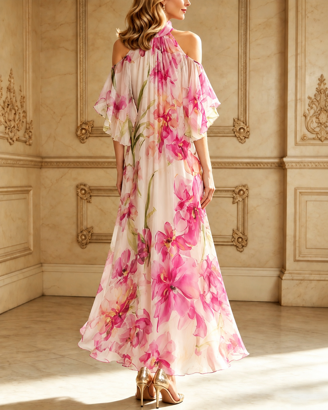 Rose Pink Chiffon Floral Print Halter Neck & Off-Shoulder Maxi Dress