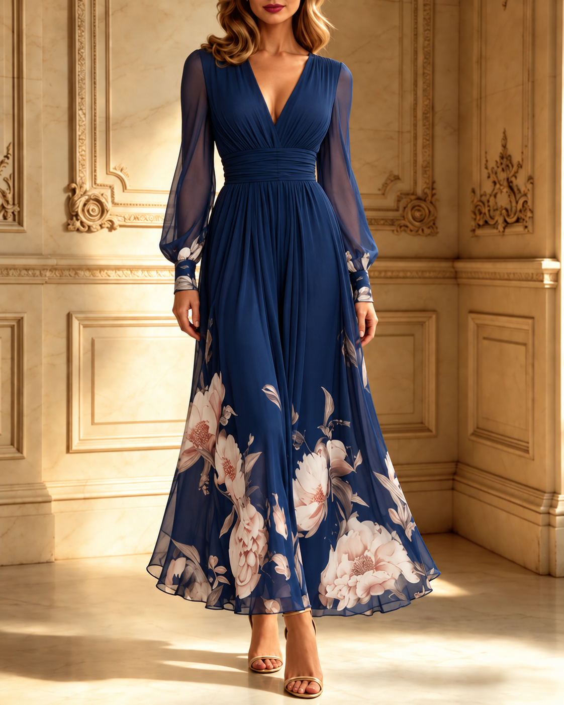 Ziva | Pleated Sheer Sleeves Maxi Dress