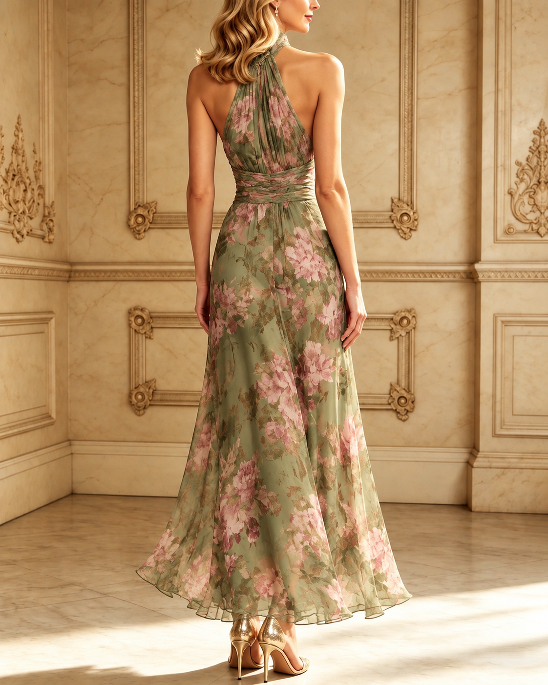 Saskia | Green Floral Halter Maxi Dress