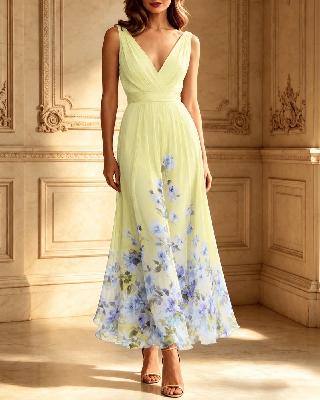Light Blue Floral Chiffon V Neck Sleeveless A-Line Maxi Dress