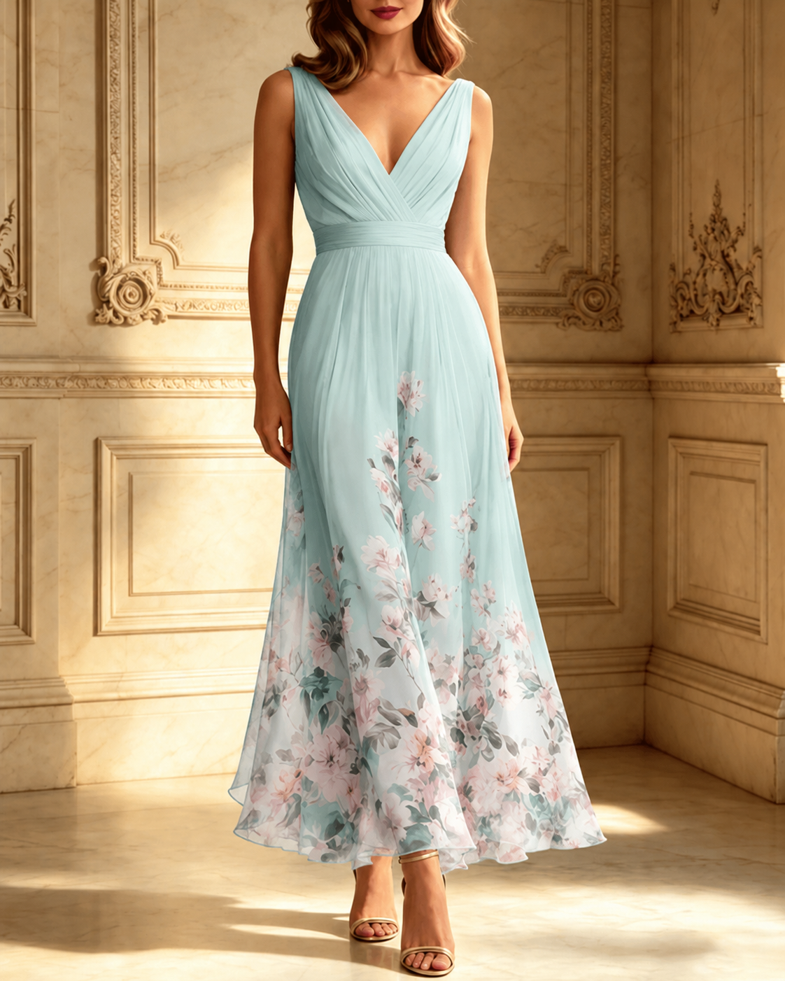 Light Blue Floral Chiffon V Neck Sleeveless A-Line Maxi Dress