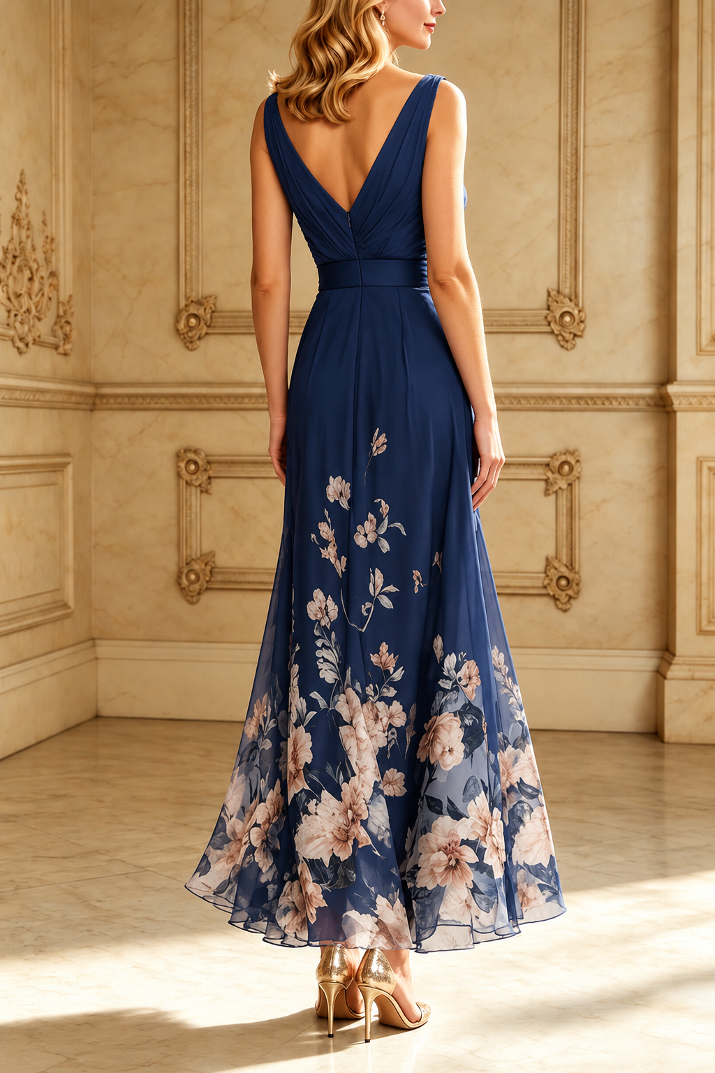 Light Blue Floral Chiffon V Neck Sleeveless A-Line Maxi Dress
